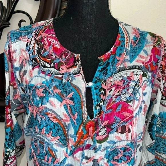 Raj Women's Hand Embroidered Floral Paisley Tunic Dress Beach Cover Up Medium - Picture 5 of 14